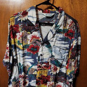Men's XL Island Image Colorful Floral Hawaiian Short Sleeve Button Down Shirt
